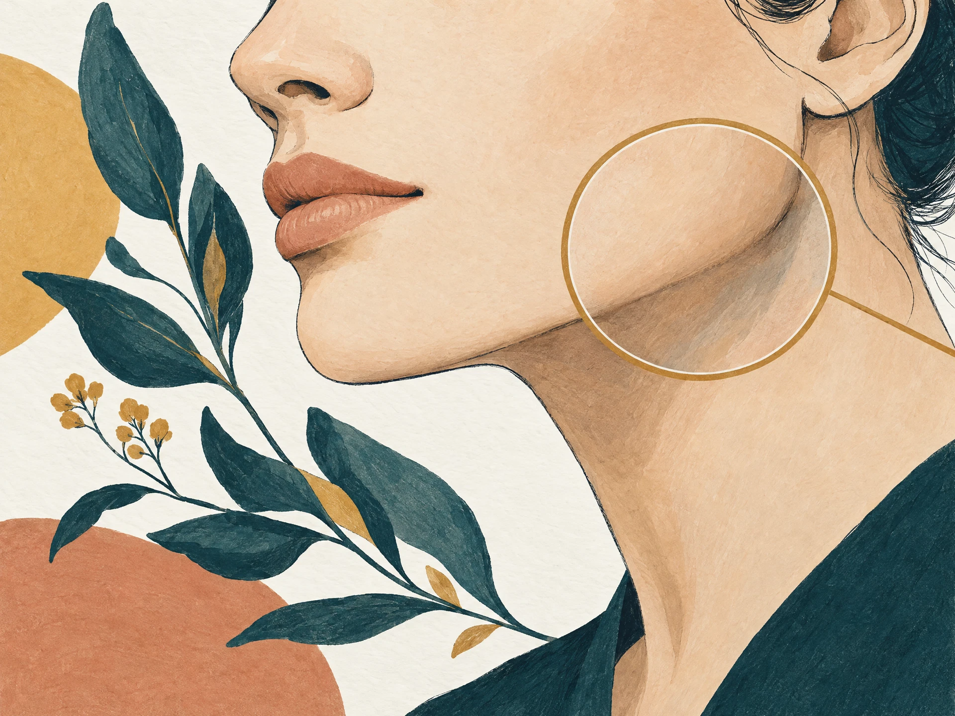 Ilustração editorial da face e da mandíbula, representando saúde oral