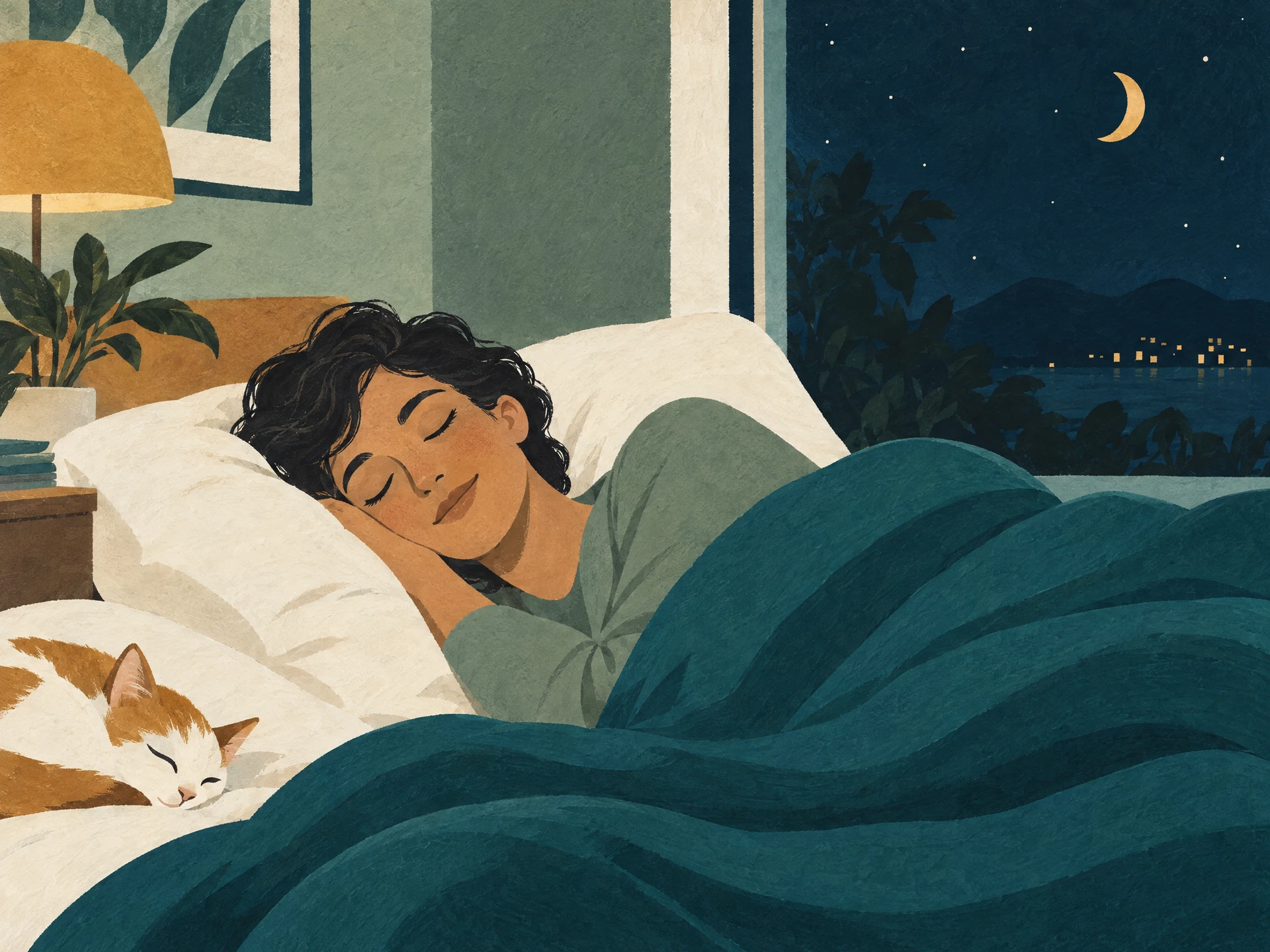 Ilustração editorial de uma pessoa em repouso sob uma paisagem noturna