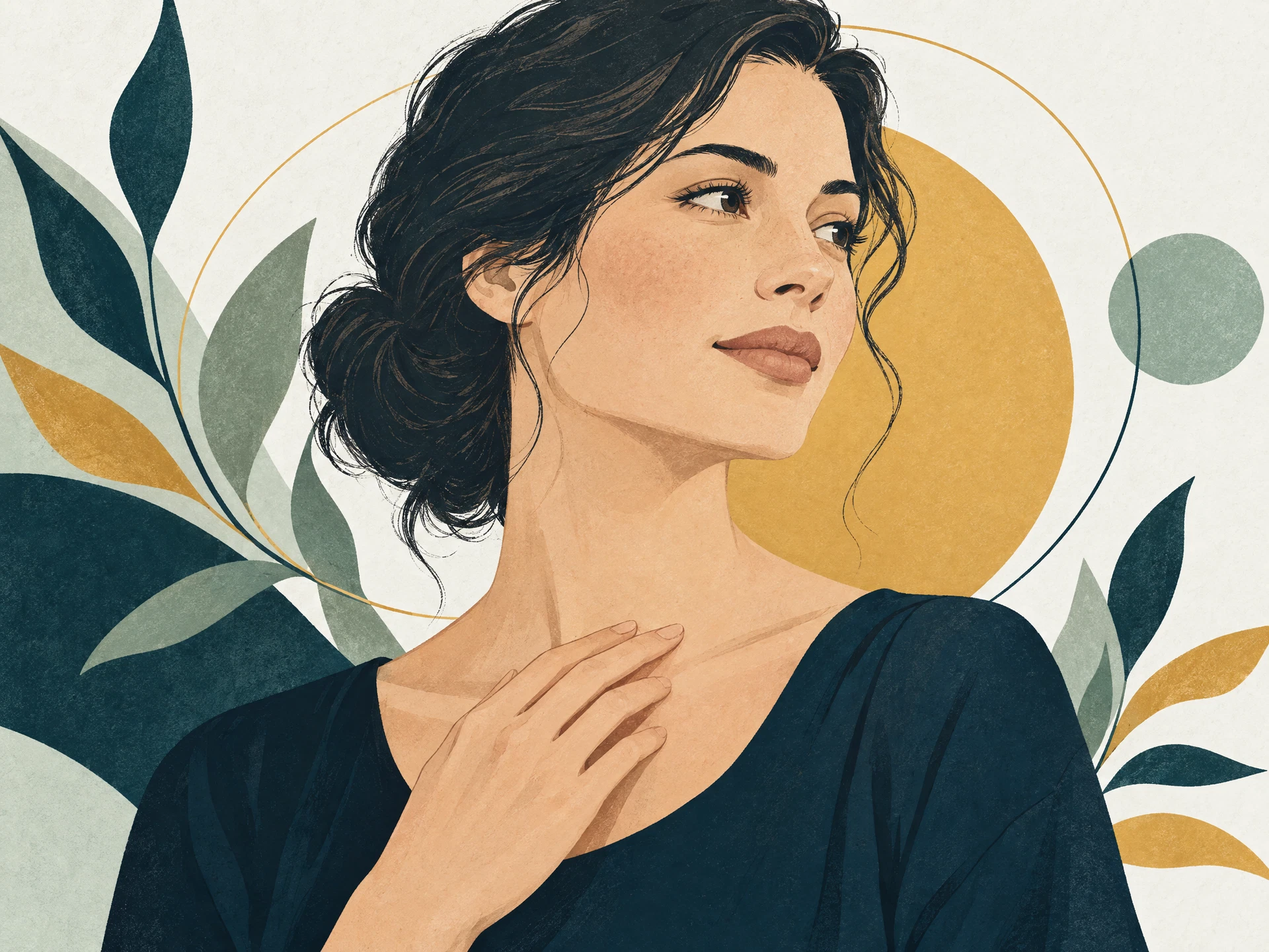 Ilustração editorial sobre saúde feminina e atenção à região do pescoço