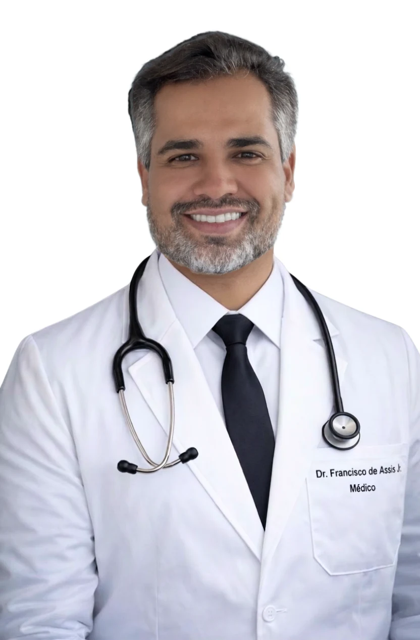 Dr. Francisco de Assis Jr., de jaleco e estetoscópio